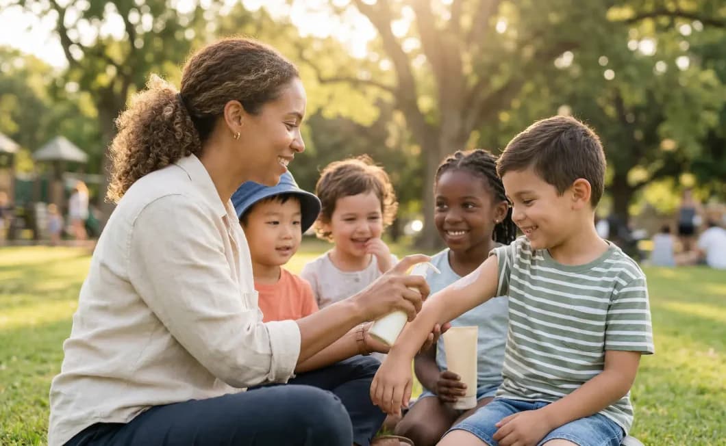A woman applying mineral sunscreen to a child's arm while seated on grass in a sunny park with three other children nearby