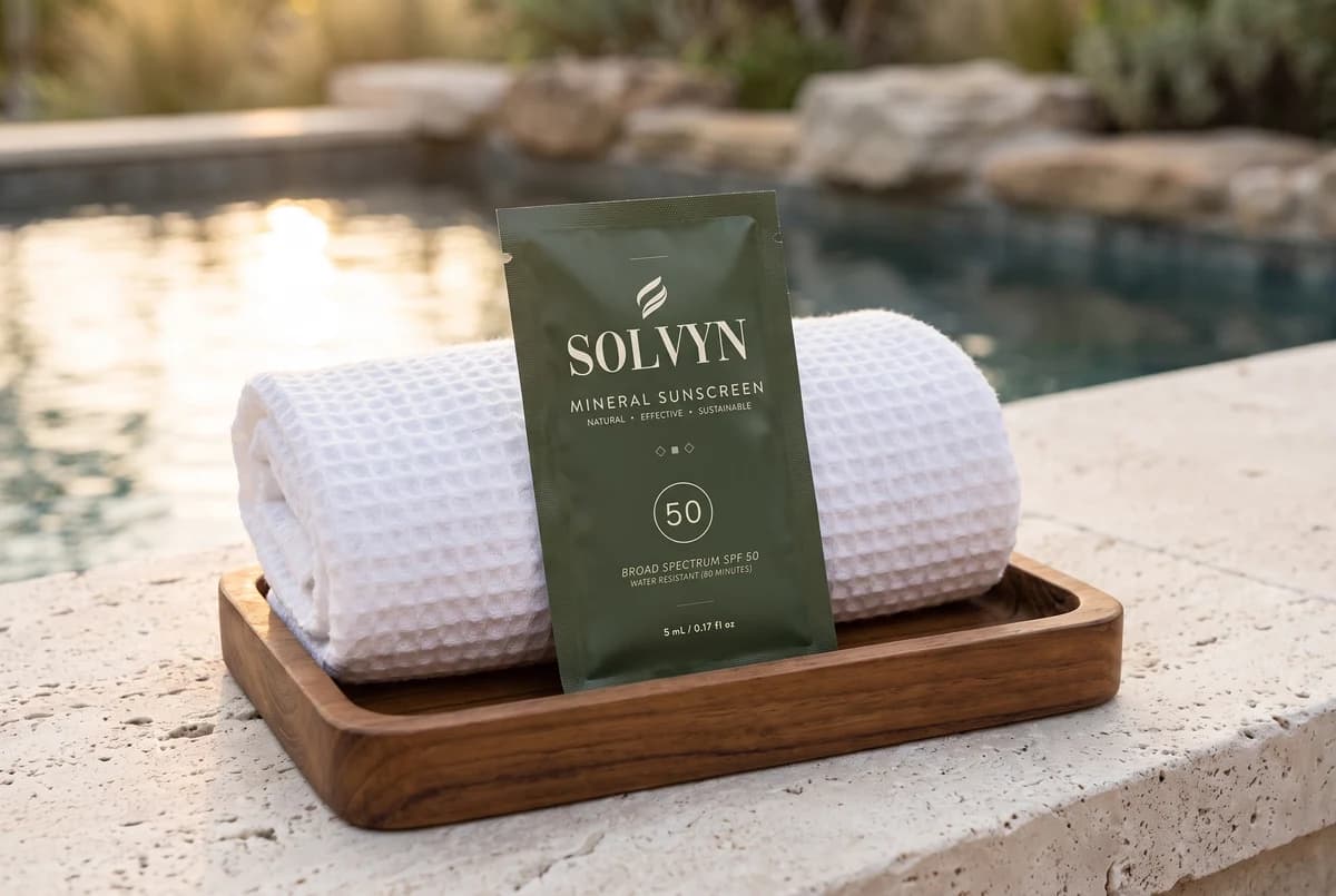 A Solvyn mineral sunscreen sachet resting against a rolled white towel on a teak amenity tray beside a resort pool