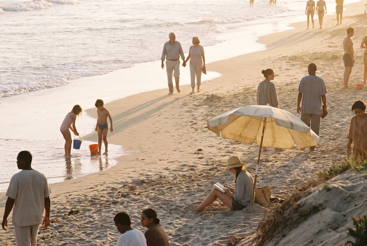 People of different ages and skin tones spending a golden-hour afternoon together on a public beach