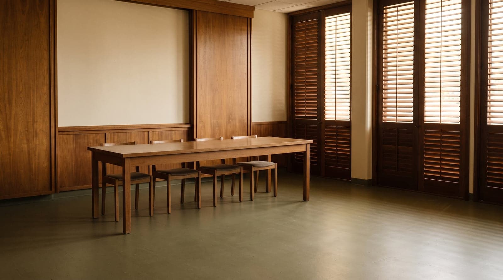 An empty committee room with koa-toned wood panelling, a long bare table and chairs, and daylight falling in bands through tall louvred shutters.