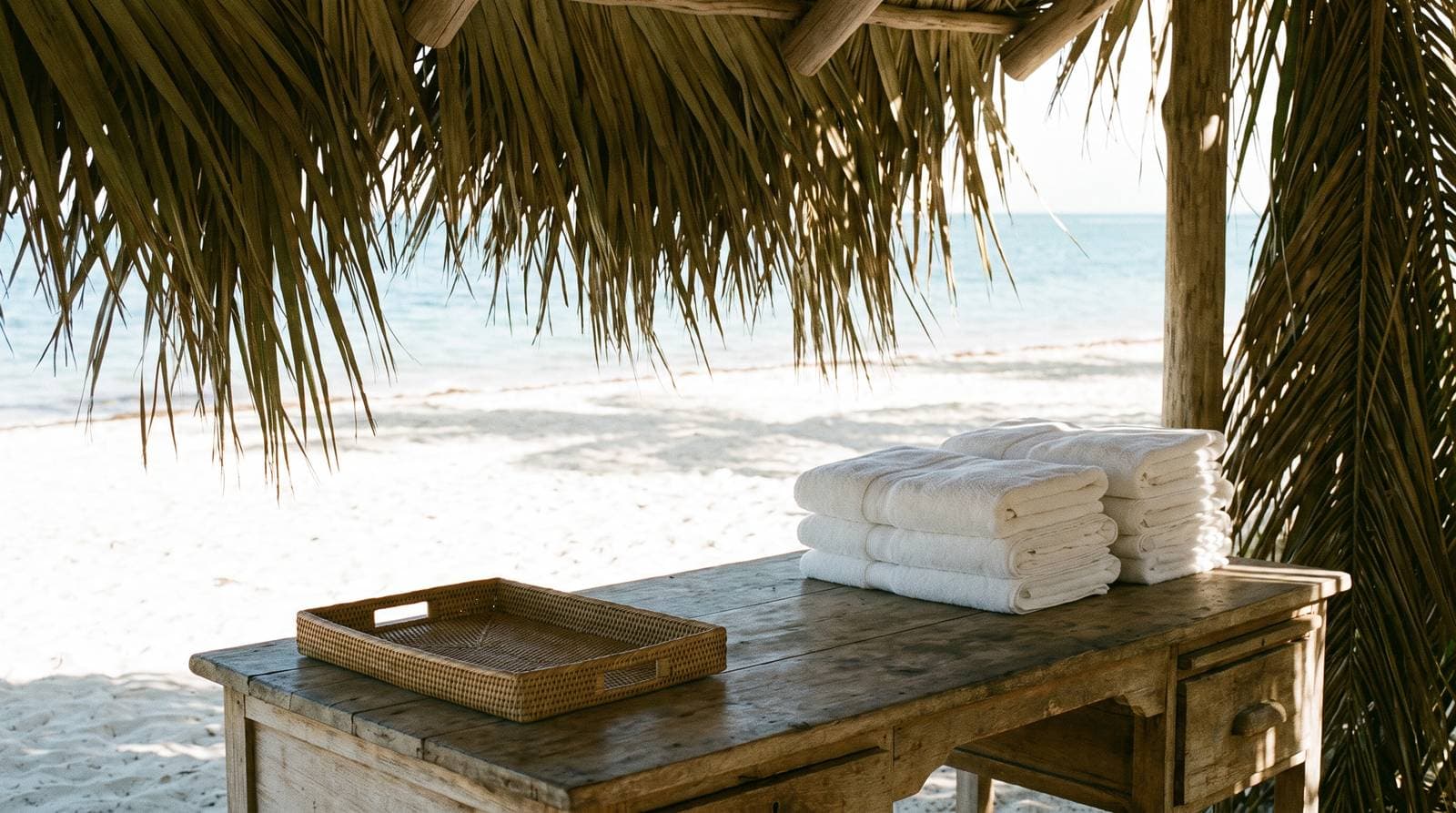 A shaded towel desk beside the beach, where guests pass before reaching the sun.