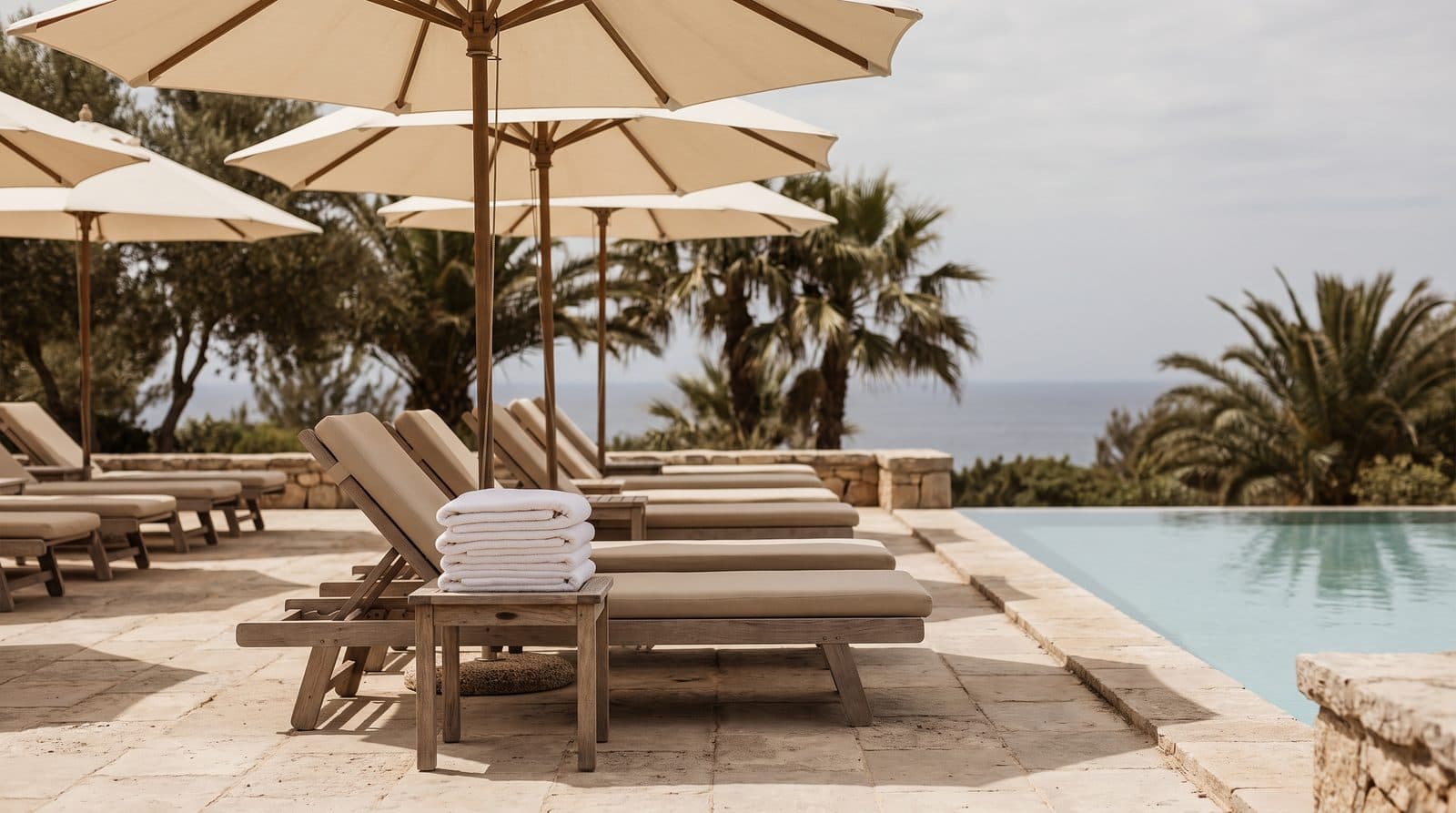 Empty loungers in the shade of umbrellas on a resort pool deck.