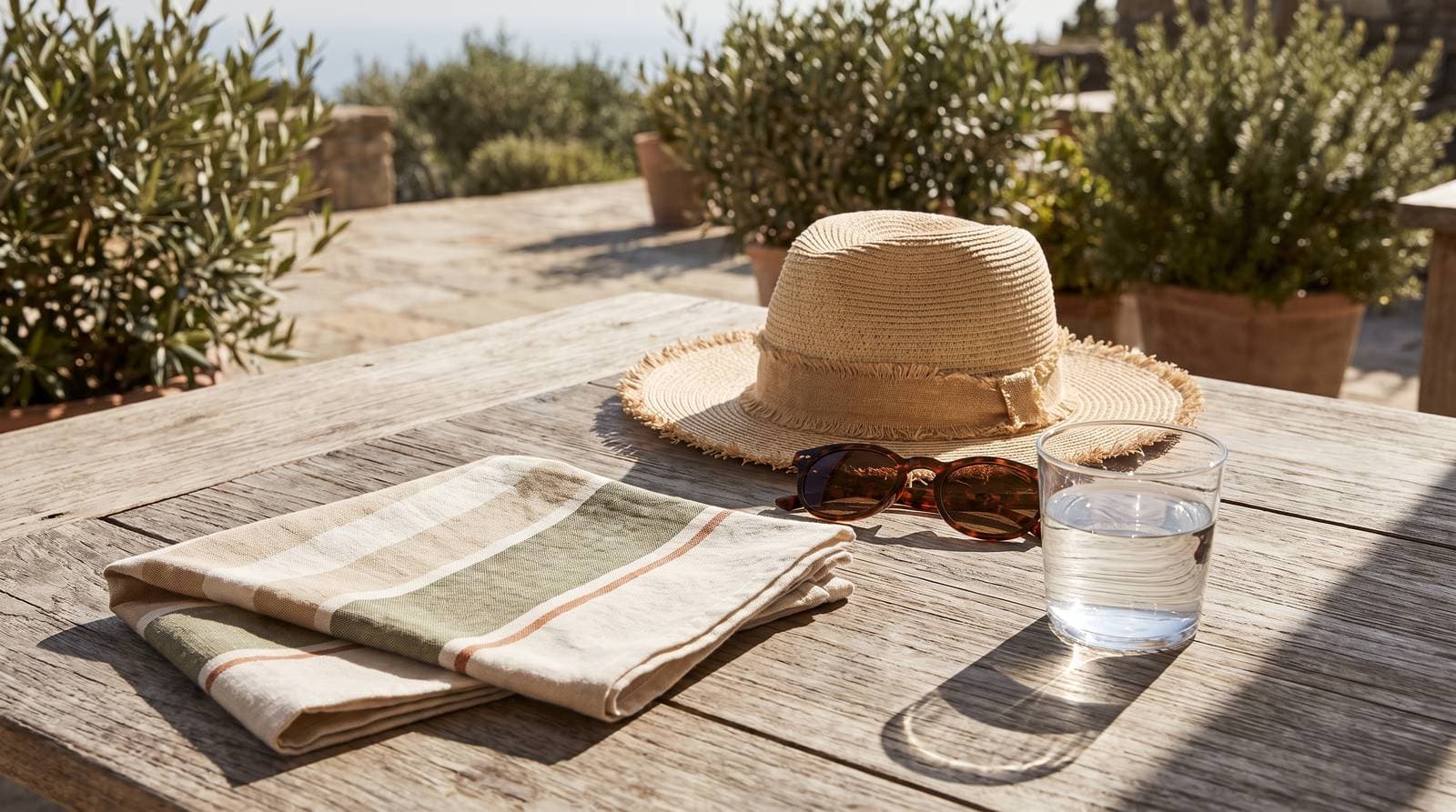 A straw sun hat, sunglasses, a folded towel and a glass of water on a sunlit outdoor table.