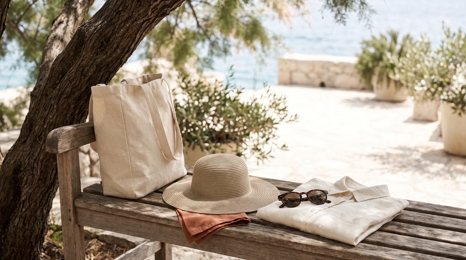 A canvas tote, a wide-brimmed straw hat, sunglasses and a folded long-sleeved linen shirt on a wooden bench in the shade of a tree.