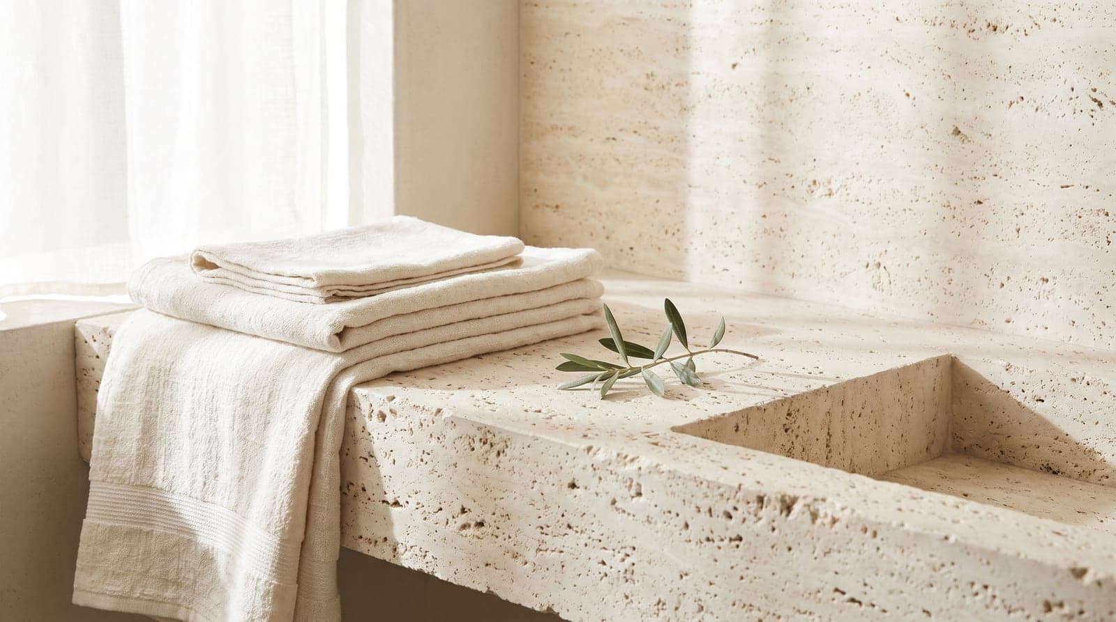 A pale travertine washroom ledge in soft daylight, with folded ivory linen and a single olive sprig resting on the stone.