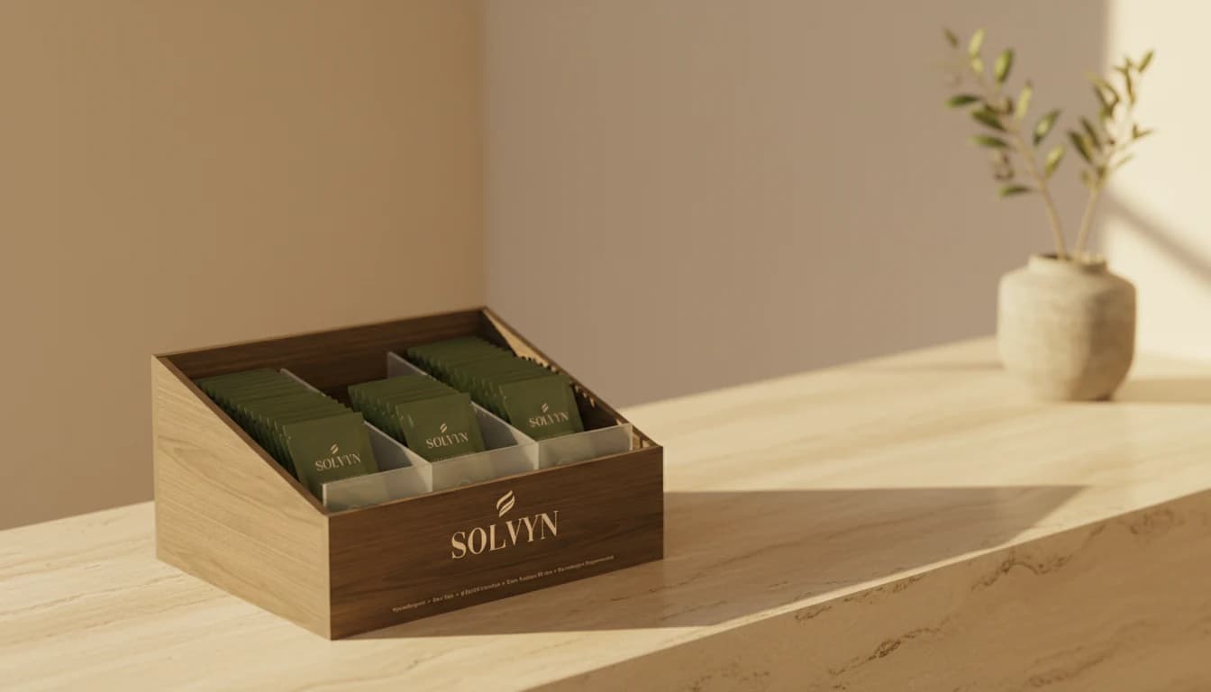 Solvyn walnut display box of Shield sachets on a luxury spa counter