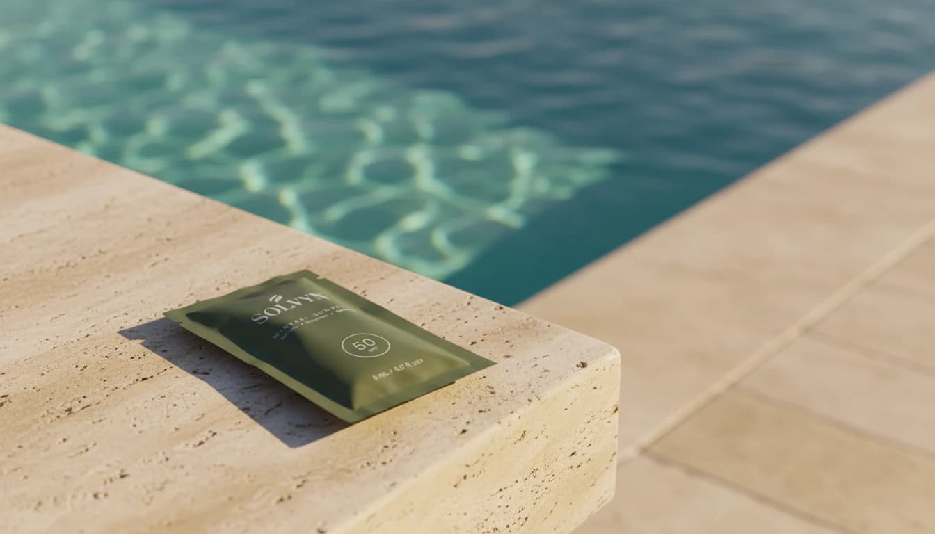 Solvyn Shield sachet on travertine by the pool