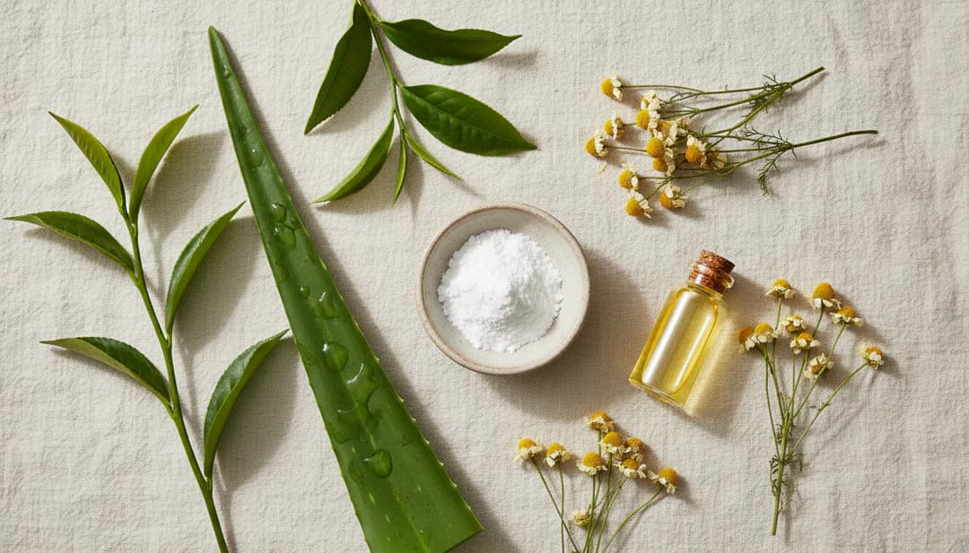 Botanical flatlay of Solvyn Shield ingredients on cream linen