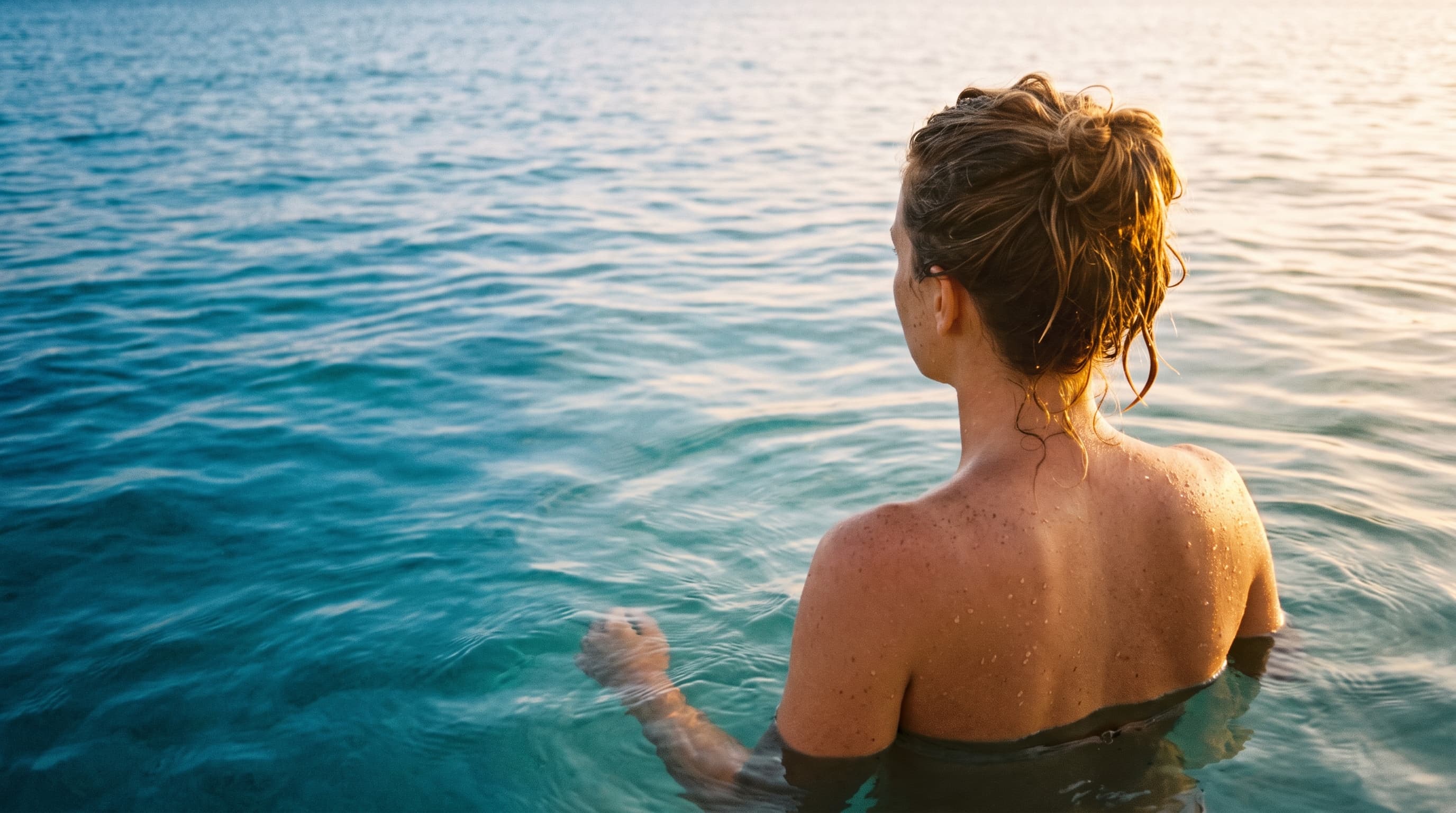 A swimmer shoulder-deep in clear turquoise water at golden hour, seen from behind