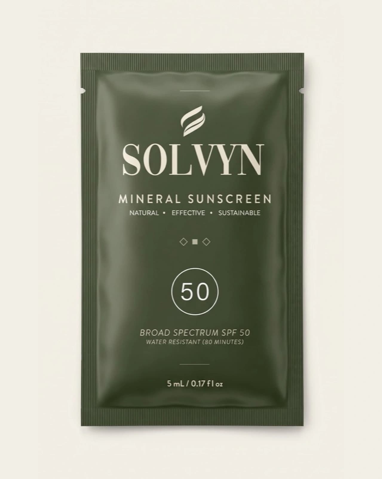 The Solvyn Shield sachet on a plain background — a sealed single-use foil packet of mineral sunscreen