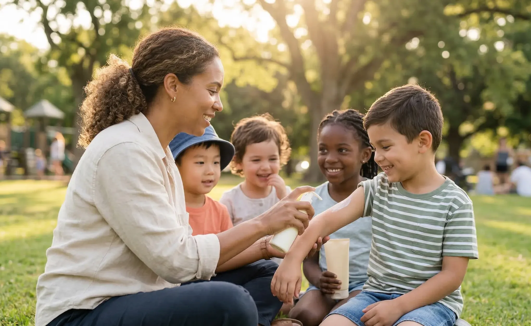 A woman applying mineral sunscreen to a child's arm while seated on grass in a sunny park with three other children nearby